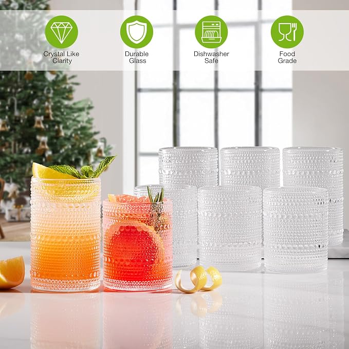 Drinking Water Glass Cups Set,Crystal Hobnail Glass set of 8,15oz&12oz | Unique Design Vintage Tall Glass Cups Sets for Whiskey,Cocktail,mocktails