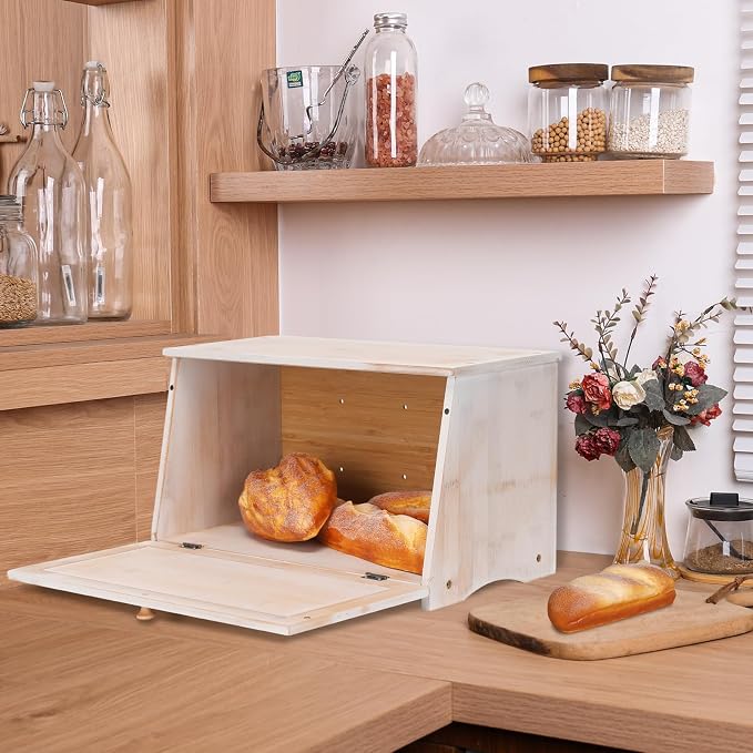 HOMEKOKO Vintage Wood Bread Box for Kitchen Counter, Food Storage Bin,White | Retro Farmhouse Style, Holds 2 Loaves, Breathable Design Keeps Bread Fresh For 3–4 Days, Suitable For Rustic/Vintage Kitchen
