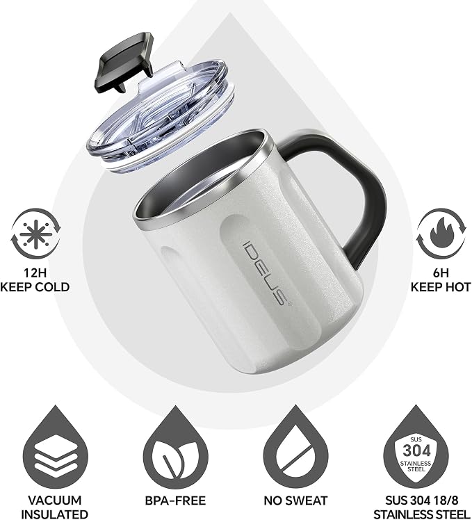 Ideus 16 oz Insulated Coffee Mug with Handle and Lid, Double Wall Stainless Steel Vacuum Thermal Coffee Mug, Travel Coffee Cup Thermal Cup for Home and Office, Snow White-FUJI FLOW