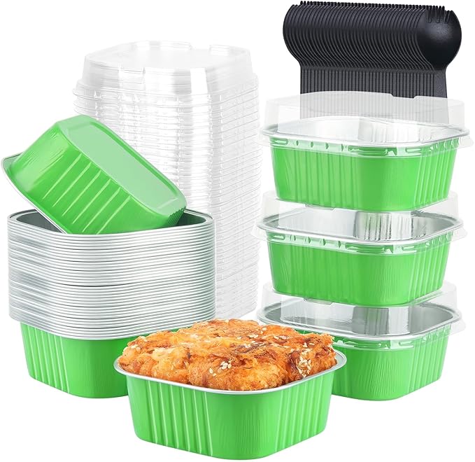 LNYZQUS 10oz Mini Cake Pans with Lids, Small Cinnamon Roll Containers | 40 Pack, Individual, Green, Disposable, Aluminum Foil, Square Baking Tins, 4 Inch Dessert Cups for Bake Sale Treats