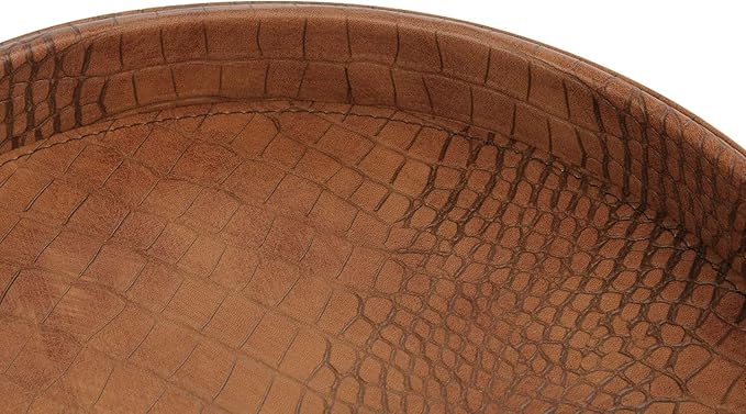 HofferRuffer Faux Leather Round Serving Tray, Vegan Croco Leather Decorative Food Tray for Storage Drinks, Snack & Cosmetics, Dia.12'' x 1.6'' (Antique Brown)