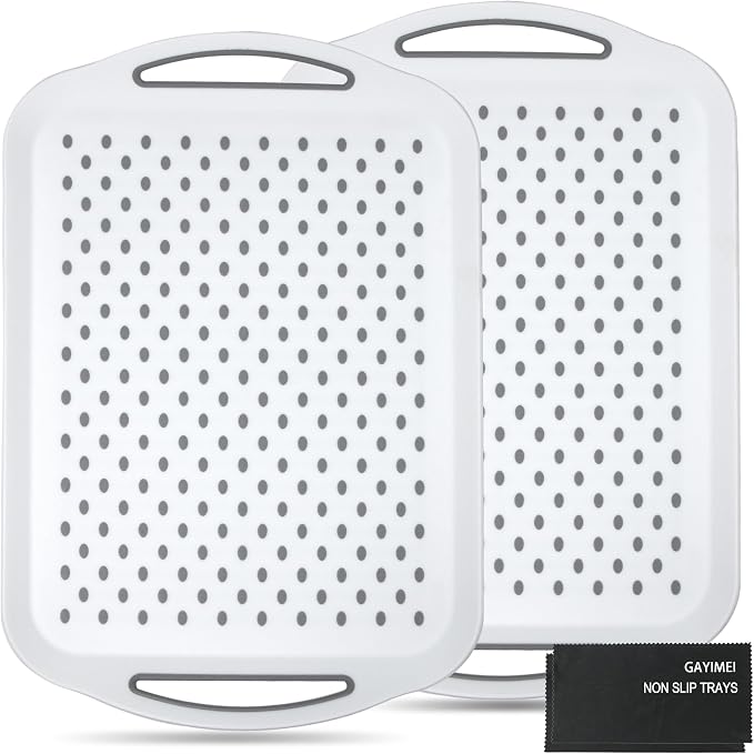 Large Anti-Slip Serving Tray with Handles, 17.8" x 12.5", White | Dual Rubber Grippy Lap Food Trays for Eating, Dinning, Breakfast, on Couch/TV, Set of 2