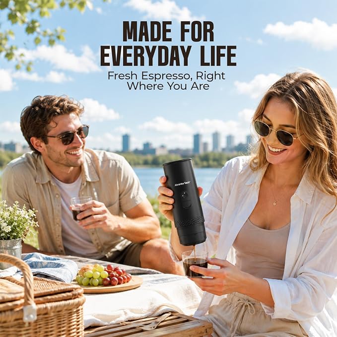 Portable Electric Espresso Machine, Mini Self-Heating Travel Coffee Maker for Ground Coffee & NS Capsules, Ideal for Camping, RV, Hiking & Office