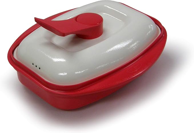 Microwave Grill Pan with Lid for Grilling, Browning, and Crisping Vegetables, Sandwich, & Meat, Red