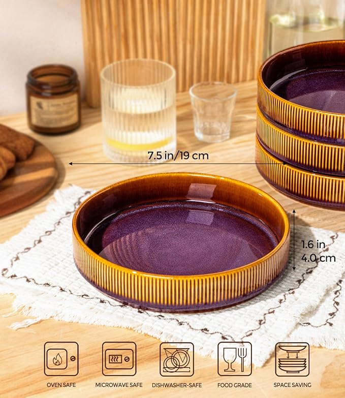 7.5" Ceramic Pasta Bowls Set of 4, Salad Bowls | Versatile Serving Bowls for Pasta, Salad, Fruit & Noodles, Housewarming & Wedding Gift, Amber Amethyst