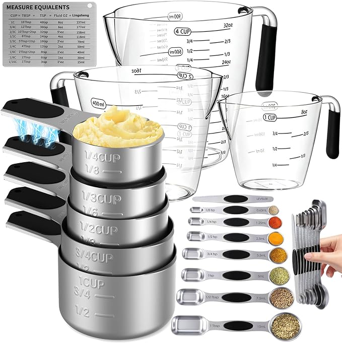 Measuring cups and spoons set,Magnetic Measuring 5 Cups 7 Spoons & 1 Leveler, 3 Plastic Measuring Cup with 1 Measuring Conversion Chart, Metal Stainless Steel for Baking & Cooking