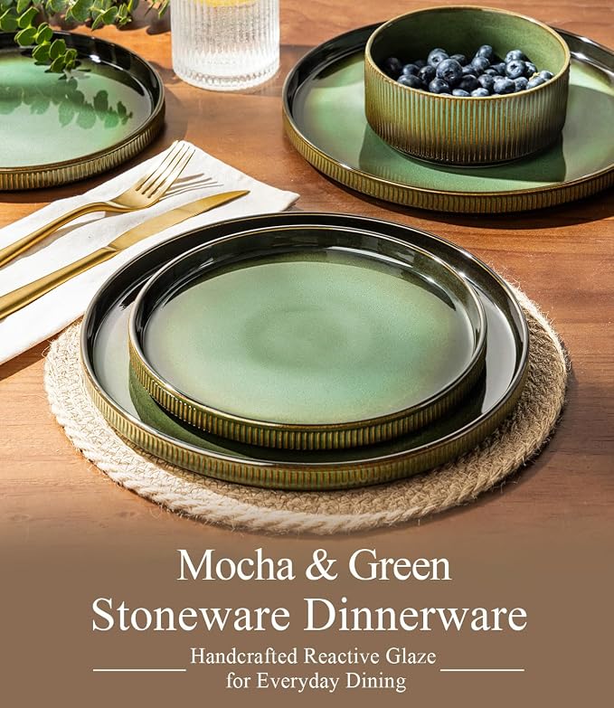 GBHOME Stoneware Dinnerware Sets for 4, 12-Piece Plates and Bowls Set | Handmade Reactive Glaze Ceramic Dish Set, Scratch Resistant, Dishwasher&Microwave Safe,Mocha & Green