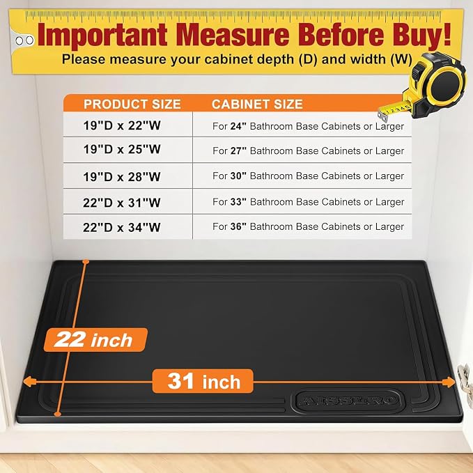Under Sink Mat 31 X 22, Waterproof Silicone Cabinet Kitchen Liner, Black | Raised-Edge Cabinet Protector & Leak Tray for Bathroom Cabinets, Boots, Pet Feeding Mats, Dog & Cat Bowls, Dishwasher Safe