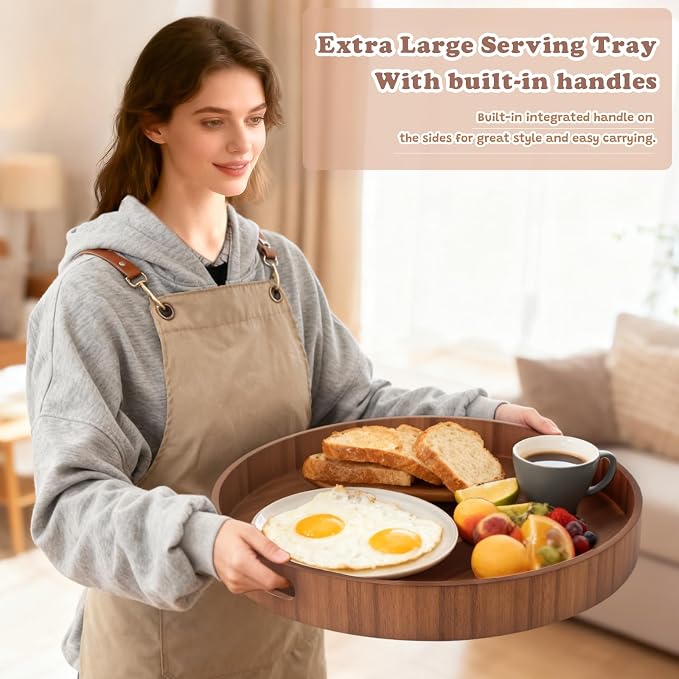 20 Inch Ottoman Coffee Table Tray with Handles, Large Round Wooden Serving Tray, Big Decorative Kitchen Organizer Giant Sofa Storage Trays Huge Counter Serveware