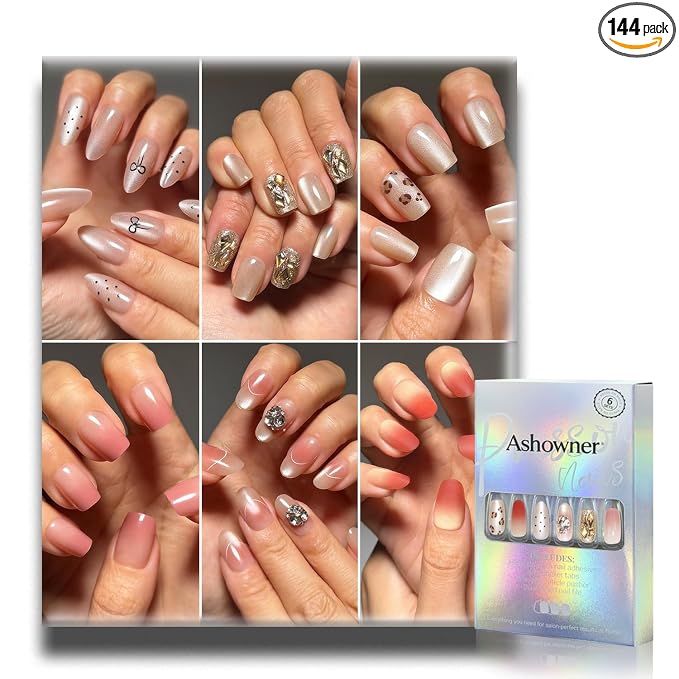 6 Packs (144 Pcs) | Reusable Press on Nails | cute nails | 6-Style Bundle | 12 Sizes | Each Style 24 Pcs | Gold Rhinestone & Glitter Accents