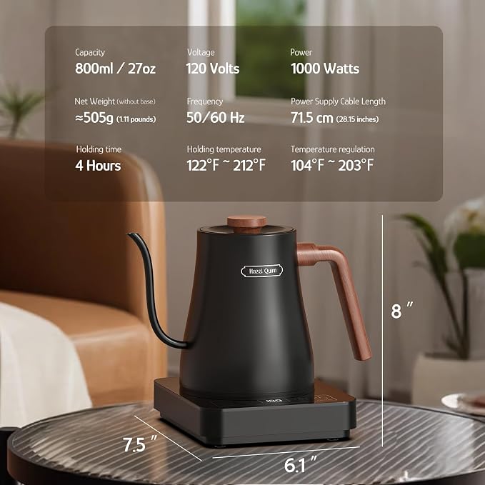 Hazel Quinn Gooseneck Electric Kettle 0.8 L, Temp Control, Keep Warm, Black | 304 stainless steel, 0.8L, 1000W fast boil, precise temp control, 4-hour keep warm; ideal for coffee, tea and home baristas