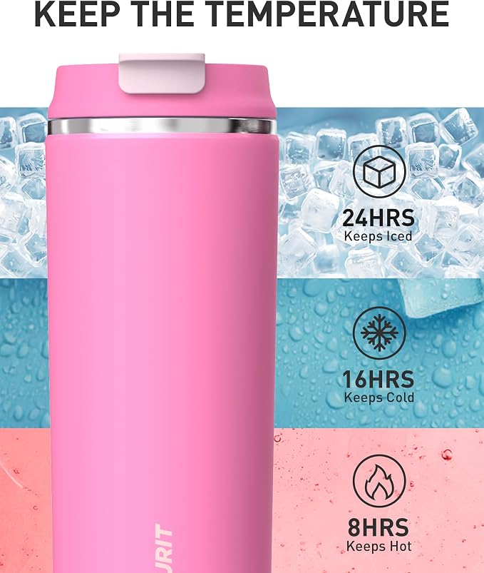 TOURIT 16 oz Insulated Stainless Steel Travel Mug with Lid, Leak-Proof Double-Wall Vacuum Tumbler, Reusable Coffee Cup - Pink