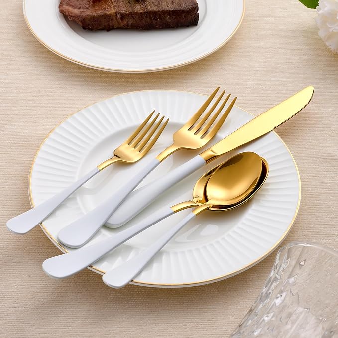20-Piece White and Gold Silverware Set 18/0 Stainless Steel Silverware Set White Handle Cutlery Set Service for 4 Dinner Knives Forks Spoons Set Flatware Set Finish Dishwasher Safe