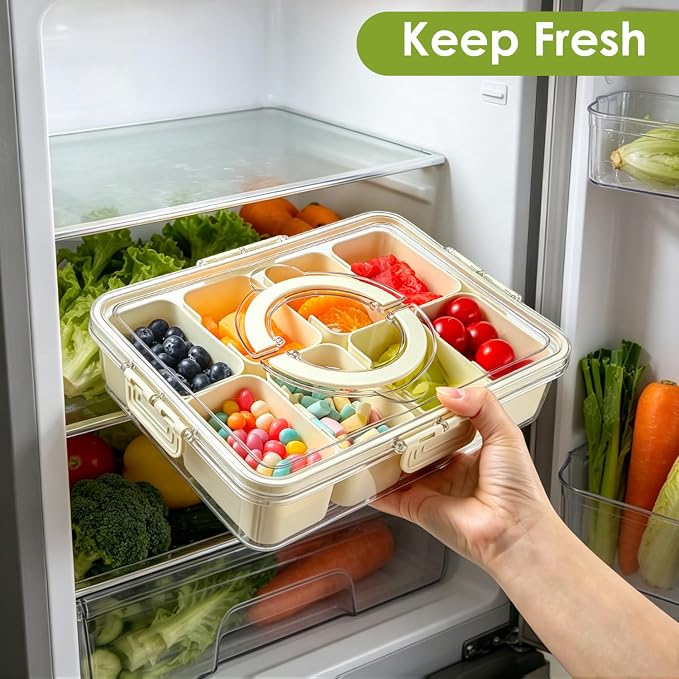 HRXFOZ Divided Serving Tray with Lid and Handle, 8 Compartment Snack Box, Portable Snack Platter for Fruits, Veggies, Nuts, Party Entertaining, Picnic (2 PCS)