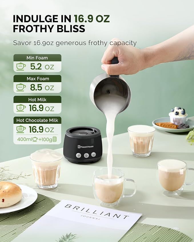 Maestri House 16.9OZDualFro 400 Electric Milk Steamer and Frother | 4-in-1 600W Smart Touch Control Hot and Cold Foam Maker, Memory Function for Latte, Cappuccinos, Milk, Chocolate Milk