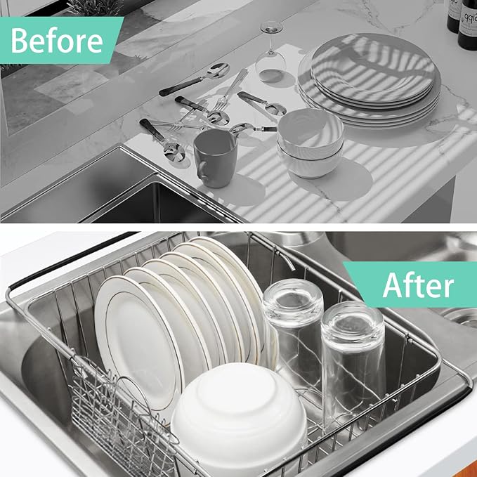 Sink Dish Drainer Rack, Expandable 304 Stainless Steel Drying Rack | Large Capacity Sink Dish Rack with Utensil Holder, Adjustable 15.35"-20.47", Fits Inside Sink, Holds Up to 13 Utensils
