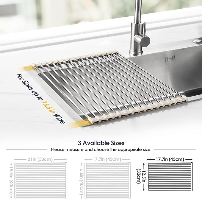 Tomorotec Roll Up Dish Drying Rack Over Sink, 304 Steel, 17.7x12.5, White | Anti-Slip Silicone Rims For Grip, Heat-Resistant Trivet Mat Holding Heavy Cookware, Rustproof Kitchen Counter Space Saver
