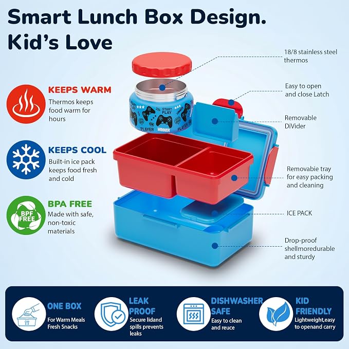 Bento Lunch Box for Kids– Game Console Design with 12oz Insulated Stainless Steel Soup Jar and Built-in Ice Pack, 3-Compartment Leak-Proof Kids Bento Box for Boys Girls School Travel