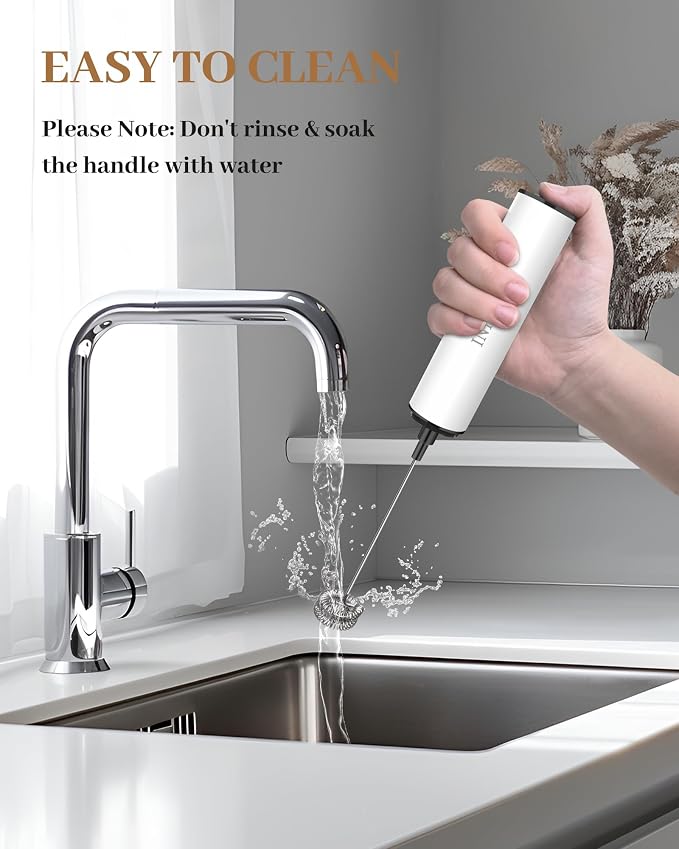 INFOOD Rechargeable Milk Frother with Cover, 2-Speed, 2 Whisks, White | Stainless Steel Body and Whisks, 2 Detachable Heads, for Lattes, Cappuccinos, Hot Chocolate, and Egg
