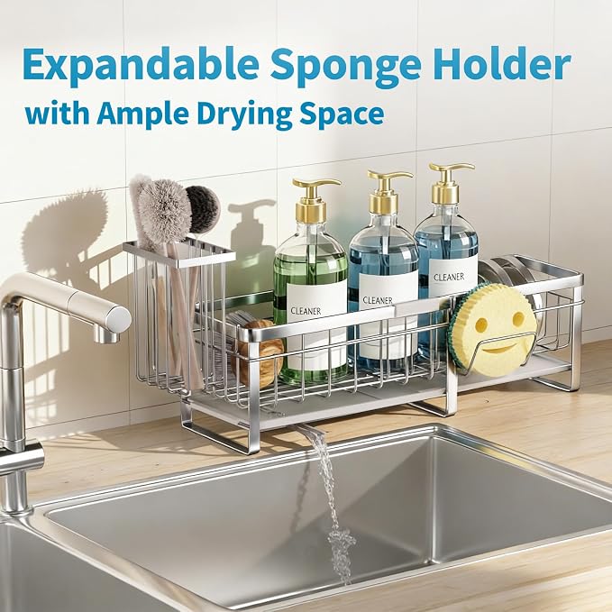 Extra Large Extendable Sponge Holder for Kitchen Sink Caddy Organizer | Rustproof Sink Caddy Organizer with High Brush Holder, Dish Soap Dispenser Organizers and Storage (Black)