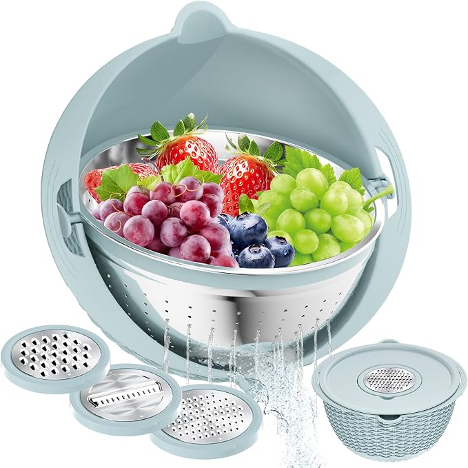 4 in 1 Colander with Mixing Bowl Set, Colander for Kitchen, Strainers and Colanders, Pasta Strainer, Fruit Cleaner, Veggie Wash, Aesthetic Kitchen Essentials - Blue
