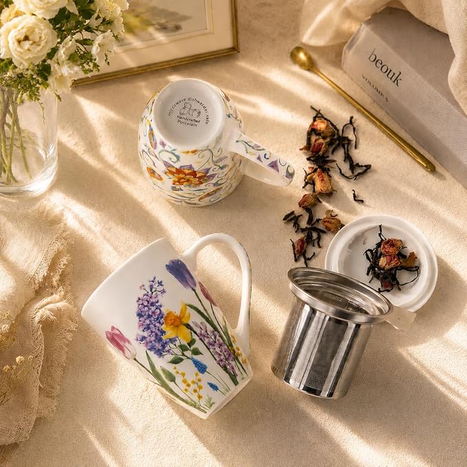 GBhome Tea Mug with Infuser and Lid,18 Ounce Ceramic Loose Leaf Cup Steeper | Lead-Free Glaze For Tea Lovers,Microwave & Dishwasher Safe with Tea Strainer