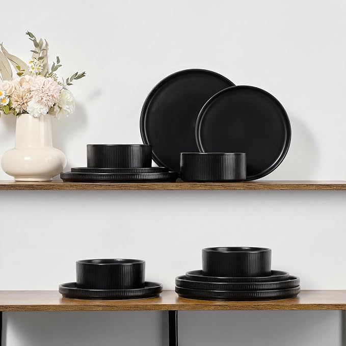 E-far 12-Piece Plates and Bowls Sets, Stoneware Dinnerware Dishes Sets for 4, Kitchen Modern Dining Dishware, Chip & Scratch Resistant, Microwave & Dishwasher Safe, Matte Black