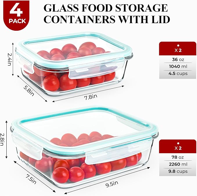 LOVYANXUE 78oz & 36oz 4 Pack Large Glass Food Storage Containers with Lids, Leakproof Glass Storage Containers for Food Serving/Baking/Storing, Meal Prep Container, BPA Free, Microwave/Oven Safe