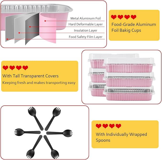 LNYZQUS Mini Loaf Cake Pans with Lids 100 Pack, Small Foil Baking Tins | 6.8oz Rectangle, Pink, Disposable Aluminum Cake Cups, Individual Dessert Containers for Bakery Bake Sales