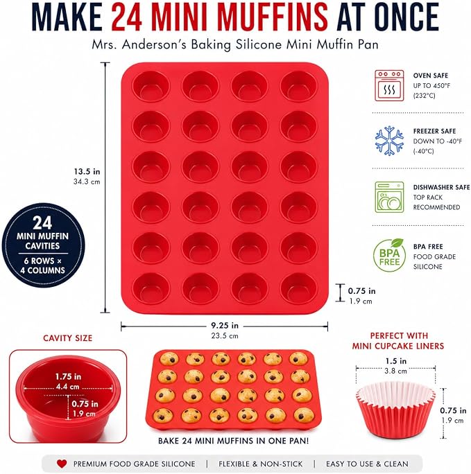 Mrs. Anderson's Baking Silicone Mini Muffin Pan, 24 Cup, European-Grade Silicone Bakeware, For Mini Muffins And Cupcakes