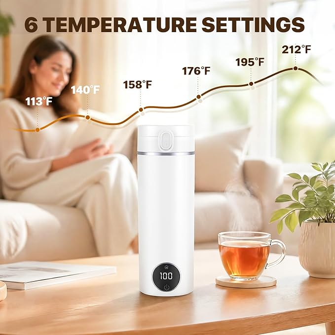 Portable Travel Electric Tea Kettle,6 Preset Temp Plug-in Keep Warm,15 OZ Small Hot Water Boiler,304 Stainless Steel,Auto Shutoff&Boil Dry Protection,Termo Electrico Portatil for Hotel,RV Travel White