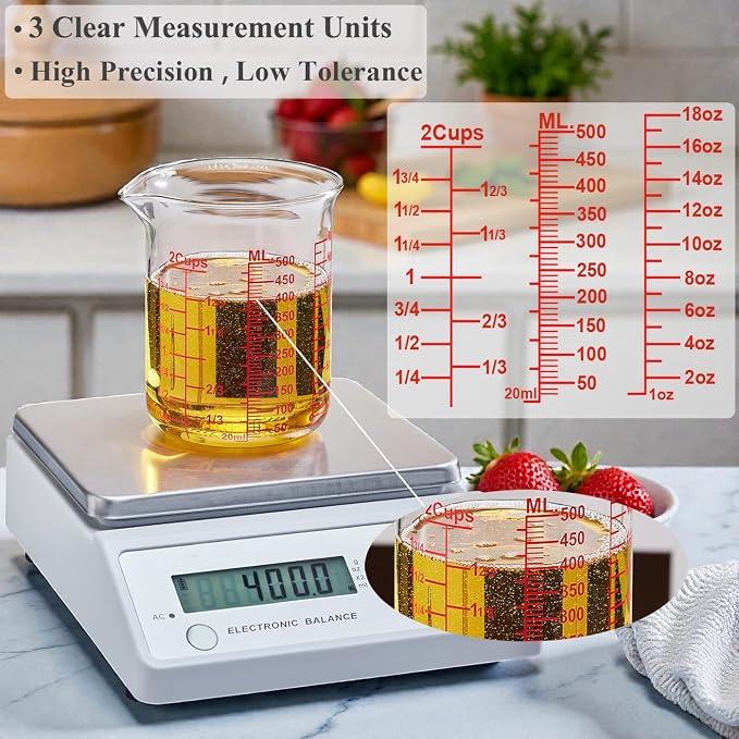 Ackers BORO3.3 High Borosilicate Glass Measuring Cup, Handleless Beaker with V-Shaped Spout, 500 ml (16 oz, 2 Cup)