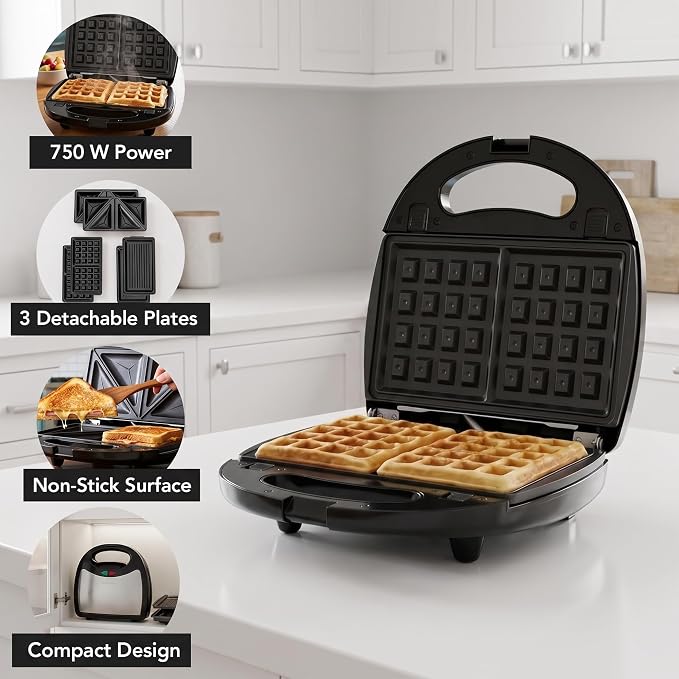OVENTE 3 in 1 Electric Sandwich Maker, 750W Non-Stick Plates, Black GPI302B | Panini Press Grill and Waffle Iron Removable Set , Perfect for Grilled Cheese, Tuna Melts, Burgers, Steaks and Snacks