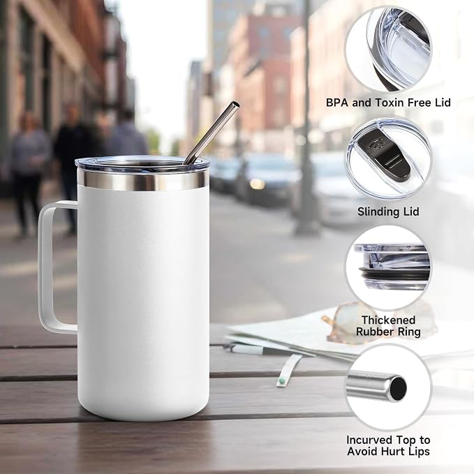 Volhoply 22oz Insulated Stainless Steel Coffee Mugs with Leakproof Lid Bulk 2 Pack,Double Wall Vacuum Travel Coffee Cup with Handle,Reusable Metal Tumbler,Camping Mug Keep Hot&Cold(White,2)