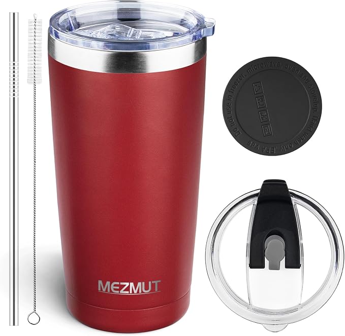 MEZMUT 20oz Insulated Tumbler Cup Travel Coffee Mug with Lid Straw(Red,1) | 18/8 Stainless Steel Double Wall Vacuum Spill Proof Metal Insulated Tumbler with Daul Lid and Straw, Hot or Iced Coffee Cup
