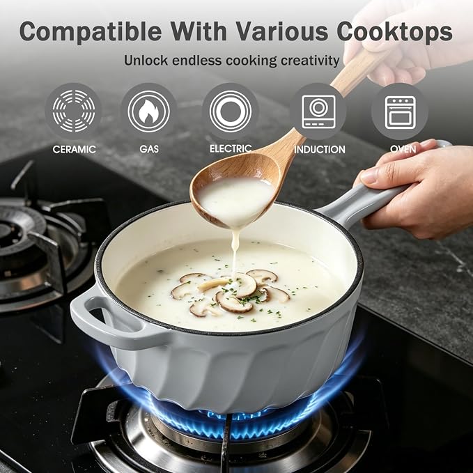 Enameled Cast Iron Sauce Pan with Lid, 1 Quart Saucepan with Lid | Dutch Oven with Lid, Small Cast Iron Pot for Cooking Pasta, Soup, Milk, Induction & Oven Safe Up to 500°F, Light Gray
