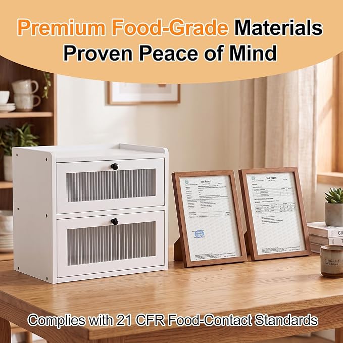 Alpeir Wooden Bread Box for Kitchen Countertop, Large Double Layer, White | Food-Safe Pine Wood, Double-Row Ventilation, Strong Acrylic Window, Raised Top Shelf, Easy Care, Farmhouse Corner Container