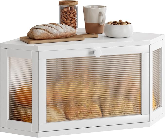 WOWLIVE Corner Bread Box, Bamboo Bread Storage with Acrylic Wavy Door | Breadbox for Kitchen Countertop, Large Farmhouse Bread Holder for Homemade Bread, Multi-functional Container, White