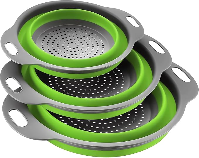 Collapsible Colander Set of 3, Space-Saving Foldable Strainer for Kitchen | 3 Sizes Food Strainer for Draining Pasta, Vegetable and Fruit, Kitchen Gadgets for Home Use and Outdoor Camping (Green)