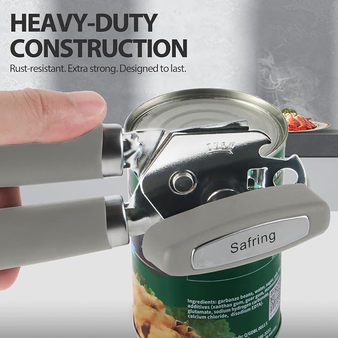 Safring Can Opener Manual, Heavy Duty Handheld Strong Can Opener with Soft Touch Handle, Sharp Blade Smooth Edge, Can Openers with Multifunctional Bottle Opener, Gray