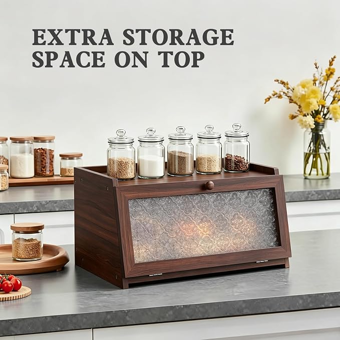 LOHASOK Bread Box for Kitchen Countertop,Brown Begonia | Large, Farmhouse Bread Container Holder Storage, Acrylic translucent window