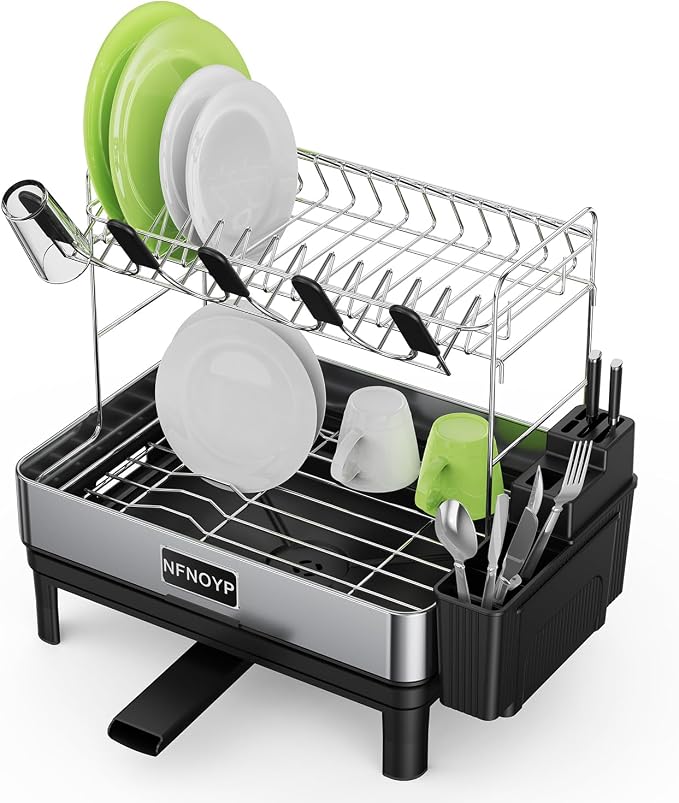 2 Tier Stainless Steel Dish Drying Rack for Kitchen Counter, Black | 304 Large Capacity Rustproof Dish Rack with Auto Drain Spout, Removable Utensil & Cup Holders, Drainboard Set