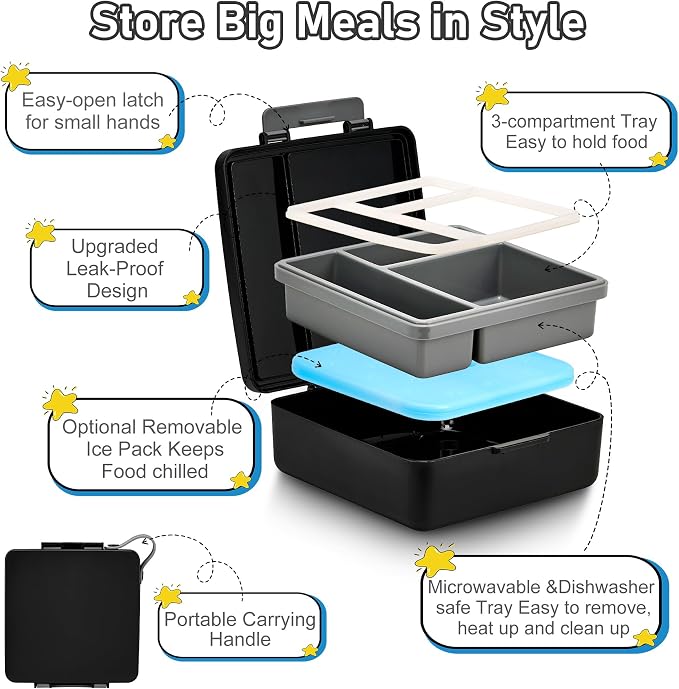 Bento Lunch Box for Kids with 17oz Soup Thermo,Insulated Tumbler Water Bottle and Insulated Lunch Bag,Leak-Proof 3 Compartment Lunch Food Container with Ice Pack for Kids to School-Black