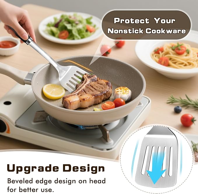 4 Pcs Cooking Utensils Set, Stainless Steel Kitchen Utensils, Heat Resistant Metal Kitchen Tools Include Solid & Slotted Turner Wok Spatula, Serving Spoon, Ergonomic Handle, Easy to Clean, Silver