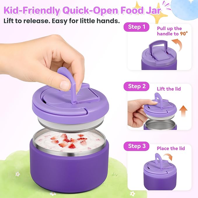 Bento Lunch Box for Kids with 8oz Soup Thermo,Kids Leakproof Lunch Food Containers with 4 Compartment,Kid Insulated Thermo Hot Food Jar for School,Trvael-Purple