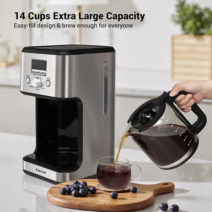 Gevi 14‑Cup Drip Coffee Maker, Programmable With Glass Carafe | Strong Brew Mode, 2H Keep Warm, Pause & Serve, Auto Shut‑Off for Home Office Daily Coffee Brewing