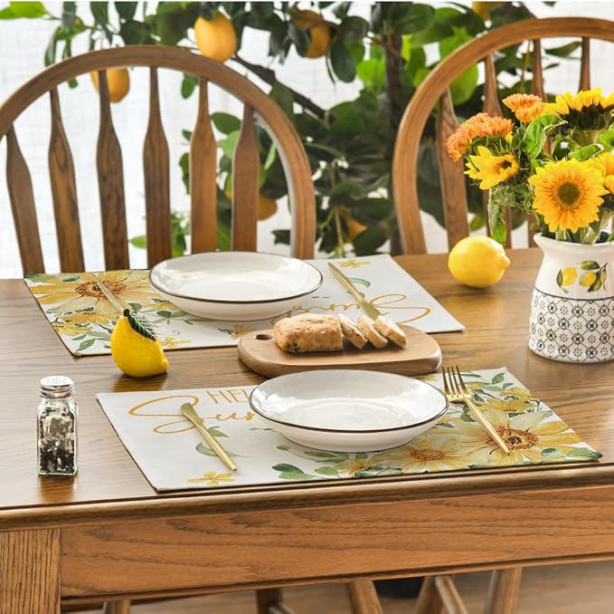 Artoid Mode Hello Sunshine Sunflower Summer Placemats Set of 4, 12x18 Inch Seasonal Spring Holiday Table Mats for Party Kitchen Dining Decoration