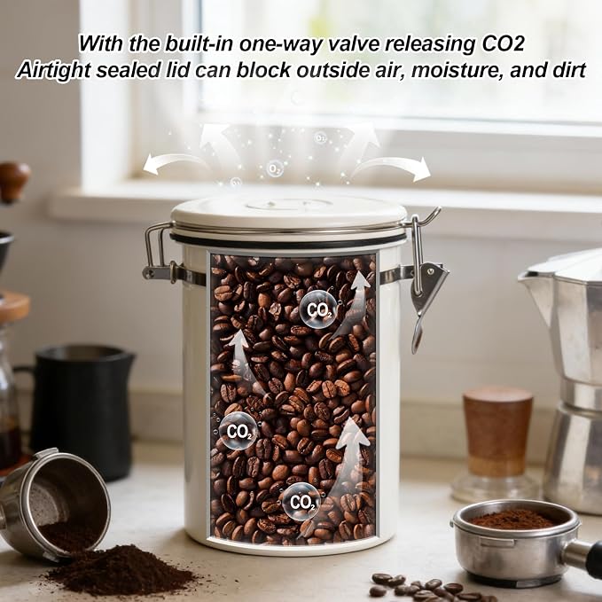 Kirecoo 22OZ Airtight Stainless Steel Coffee Canister with Date Tracker | With Measuring Scoop, Food Grade Safe, For Coffee Beans & Grounds, Multi-Use for Cereal Sugar Tea Flour, Ideal Kitchen Gift