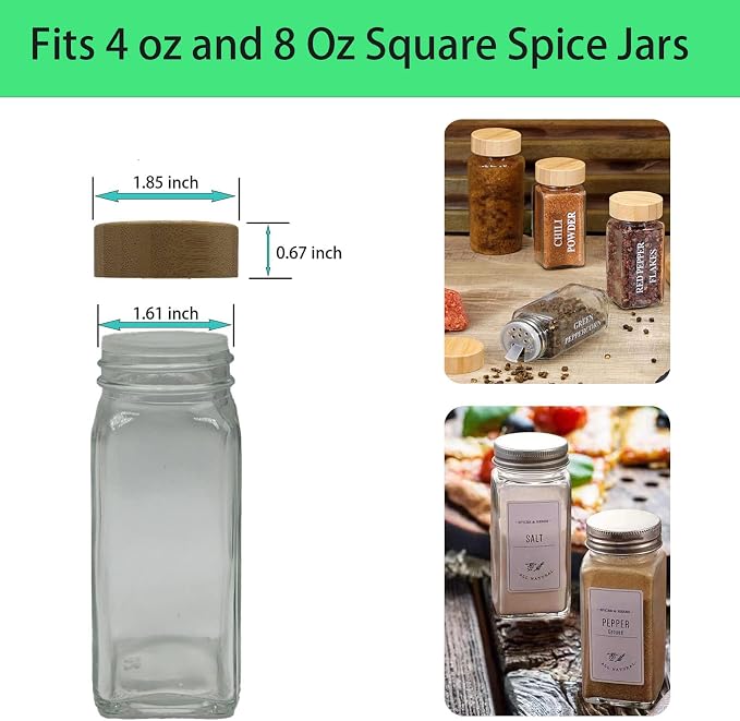 16 Pcs Bamboo Spice Jar Lids Fits Square Containers Seasoning Bottle Sealing Lids Fit Only 4 oz and 8 oz (Bamboo)