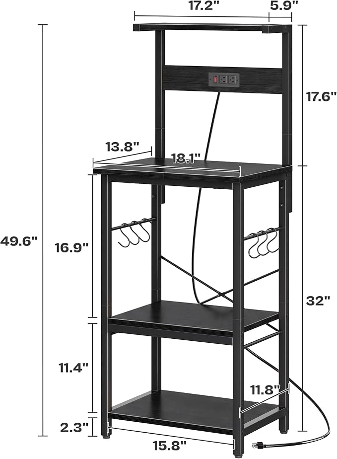 SUPERJARE 4 Tier Bakers Rack with Power Outlets, Microwave Stand with Adjustable Shelf, Kitchen Shelf Organizer for Small Space, Coffee Bar with 6 S Hooks, Kitchen Storage Rack, Black
